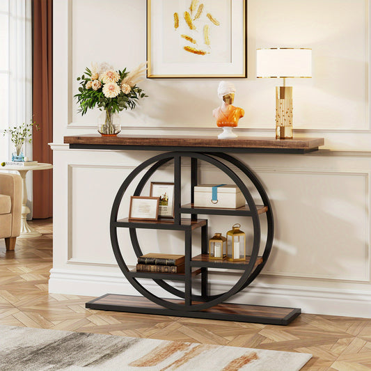 Smalle Rondvormige Haltafel – Sidetable – Opbergtafel – Gangtafel – Halmeubel – Rustiek Bruin – Multi-laags Opbergplanken – Hout & Kunststof – Ruimtebesparend Design
