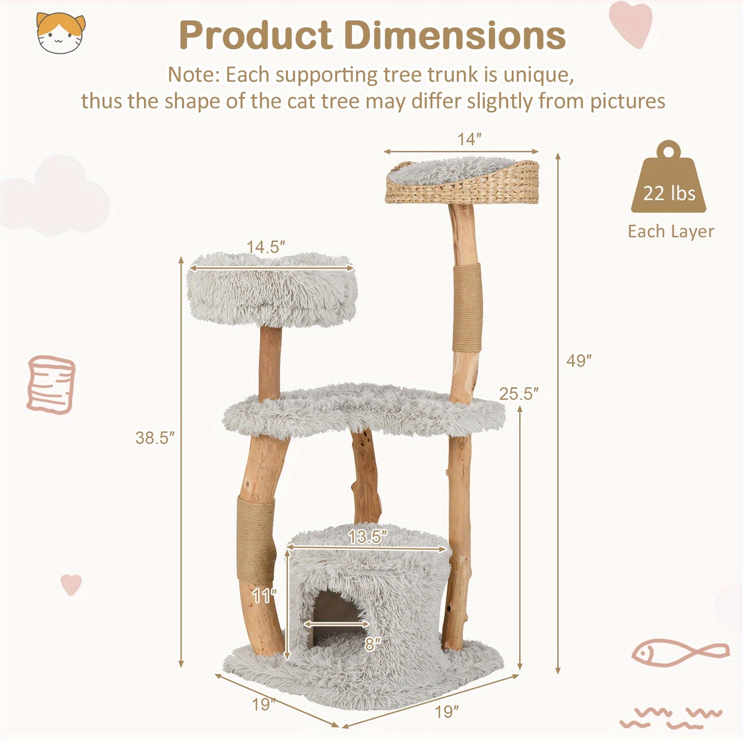 Krabpaal – Kattenboom – Kattenhuis – Kattentoren – Krabmeubel – Hout – 124 cm Hoog – Stevig Massief Houten Frame met Jute Krabpalen