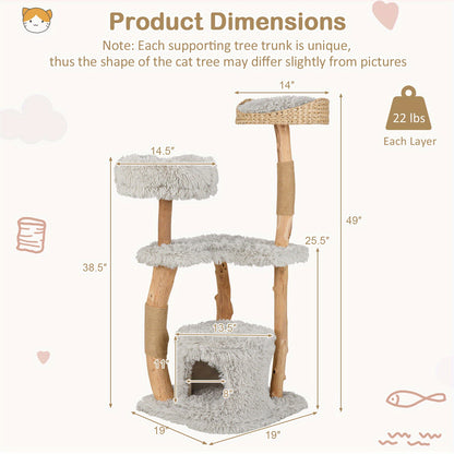Krabpaal – Kattenboom – Kattenhuis – Kattentoren – Krabmeubel – Hout – 124 cm Hoog – Stevig Massief Houten Frame met Jute Krabpalen