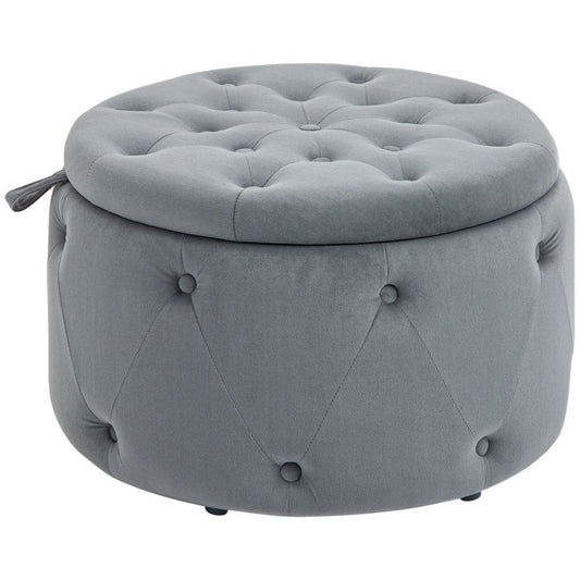 Poef – Opbergpoef – Hocker – Voetenbank – Zitzak – Ronde Grijze Velvet – Verborgen Opbergruimte – Compact Design