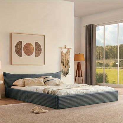 Tweepersoonsbed – Dubbelbed – Bedframe – Slaapbank – Logeerbed – Donkergrijs – Chenille Hoofdbord – Stevig Houten Frame