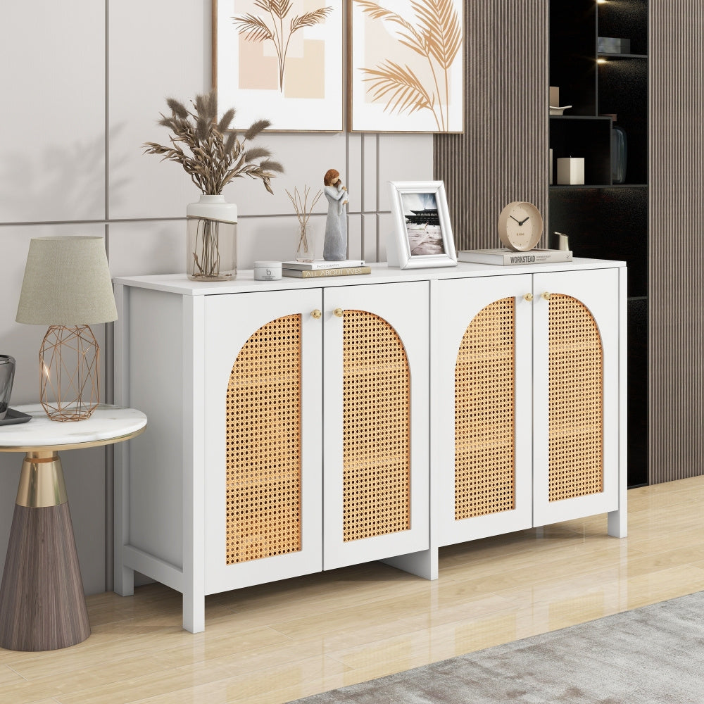 Modern Minimalist Sideboard Cabinet - White & Metallic Accents, Non-Wood Freestanding Storage with 4 Rattan Doors, Spacious 3.2+ Cu Ft Capacity for Living Room, Dining Room, Kitchen - Easy Assembly Required, Home Organization