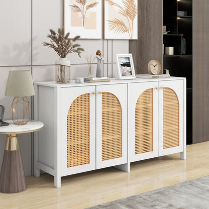 Modern Minimalist Sideboard Cabinet - White & Metallic Accents, Non-Wood Freestanding Storage with 4 Rattan Doors, Spacious 3.2+ Cu Ft Capacity for Living Room, Dining Room, Kitchen - Easy Assembly Required, Home Organization