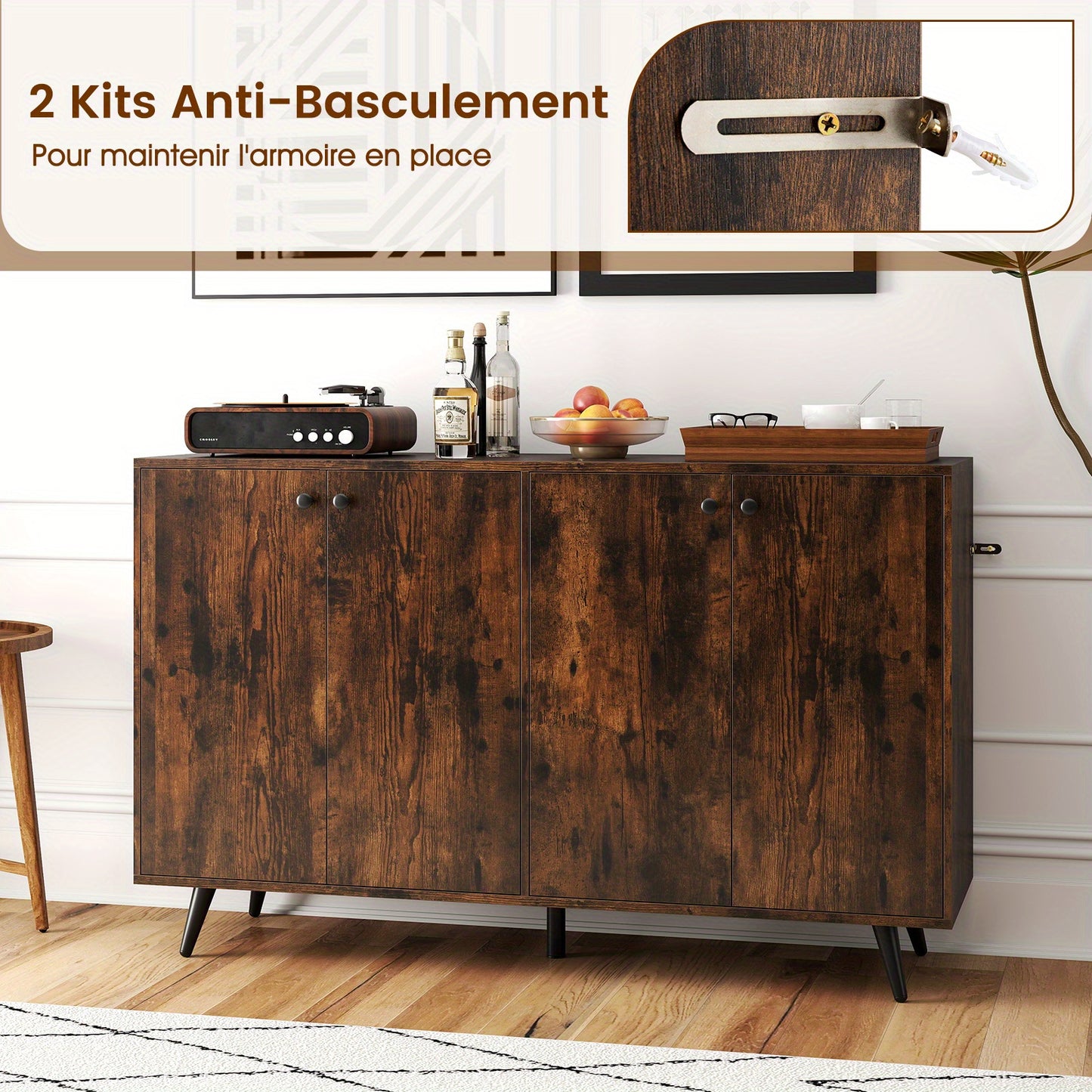 vierdeurs dressoir – buffetkast – opbergkast – sideboard – kast industrieel – verstelbare planken – duurzaam hardhout 127 cm bruin