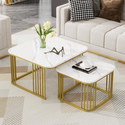 Nesting Salontafel Set – Bijzettafel – Tafelset – Woonkamertafel – Retro Tafels – Marmeren Blad – Goud Metalen Frame – Ruimtebesparend – Geen Montage