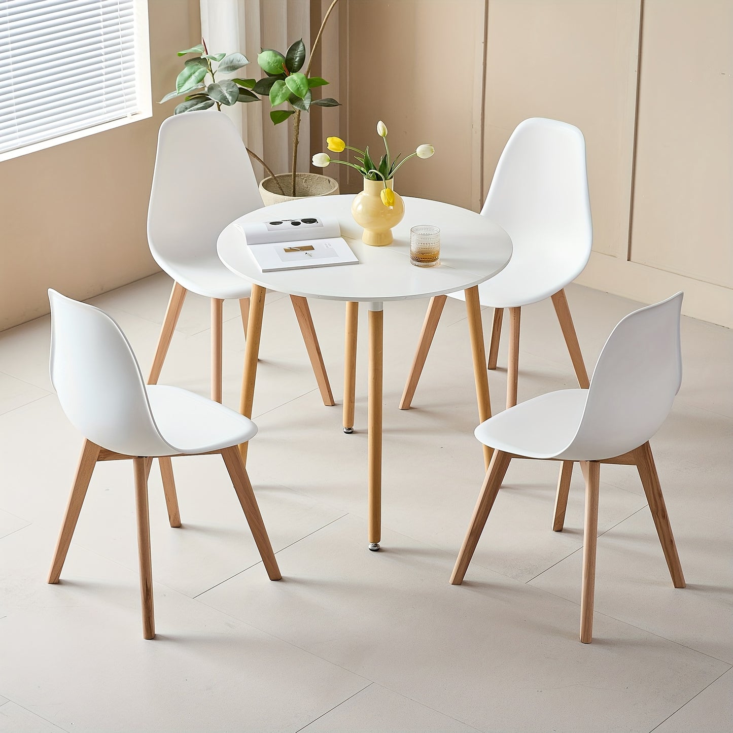 EGoonM 5pcs Scandinavian Modern Dining Table Set with 4 Chairs - White MDF & Beech Wood Tabletop, Space-Saving Compact Kitchen/Dining Room Furniture, White/Black/Grey/Khaki Chairs, Modern Minimalist Table & 4 Seating for Smal