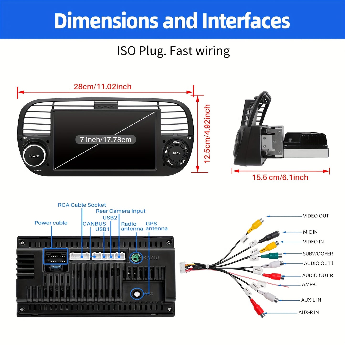 ESSGOO 4G+64G Auto Radio Android 14 Car Stereo Multimedia Player 2 DIN 7 inch/17.78cm HD Screen For Fiat 500 2007-2015 With Wireless Carplayer, Android Auto, WiFi FM RDS USB SWC CANBUS (AHD Camera&Microphone&DVR for optional)