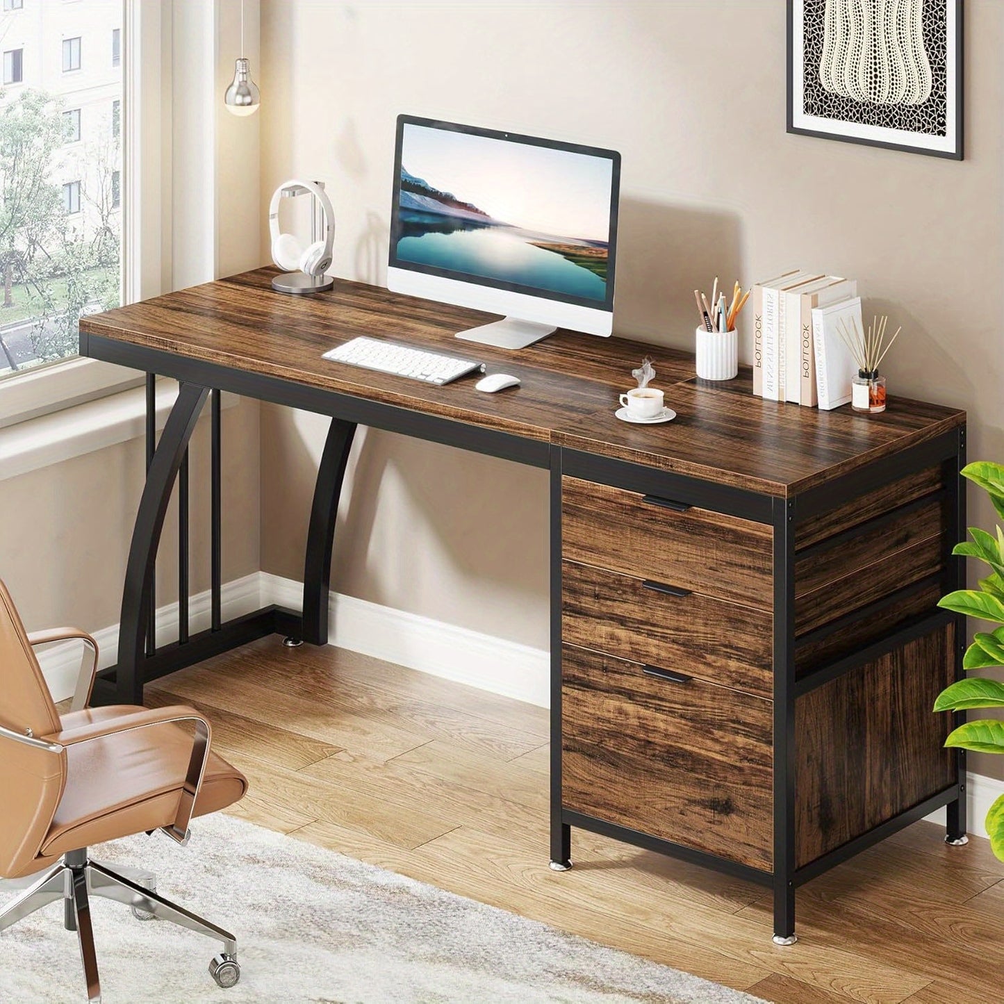 Computerbureau – Bureau – Werkplek – Schrijftafel – Werktafel – Extra Lang 150 cm – 3-Laden Opbergruimte – Stevige Metalen Poten – Rustiek Bruin