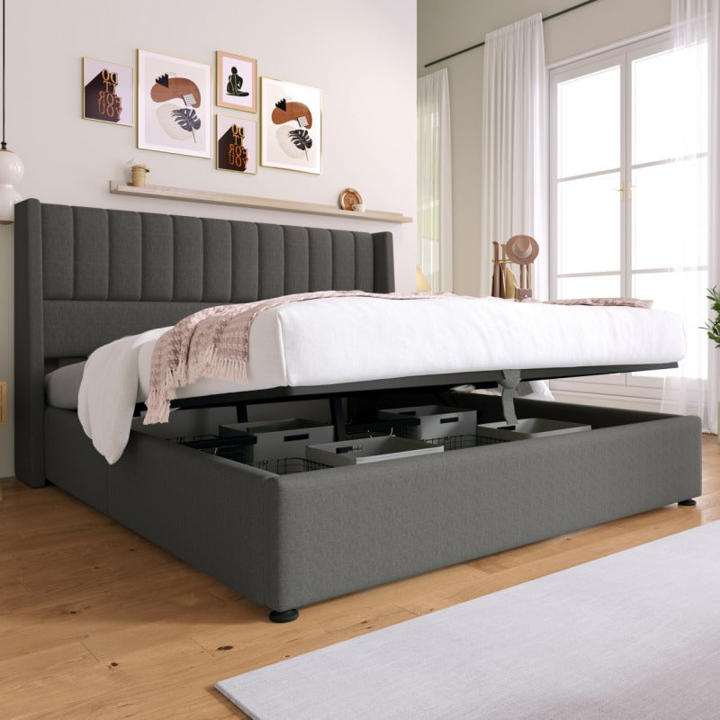 Tweepersoonsbed – 2-Persoonsbed – Bedframe – Bed – Slaapbed – Verstelbare Hoogte – Dubbele Laag Opbergruimte – 140x200 cm – Grijze Linnen Bekleding