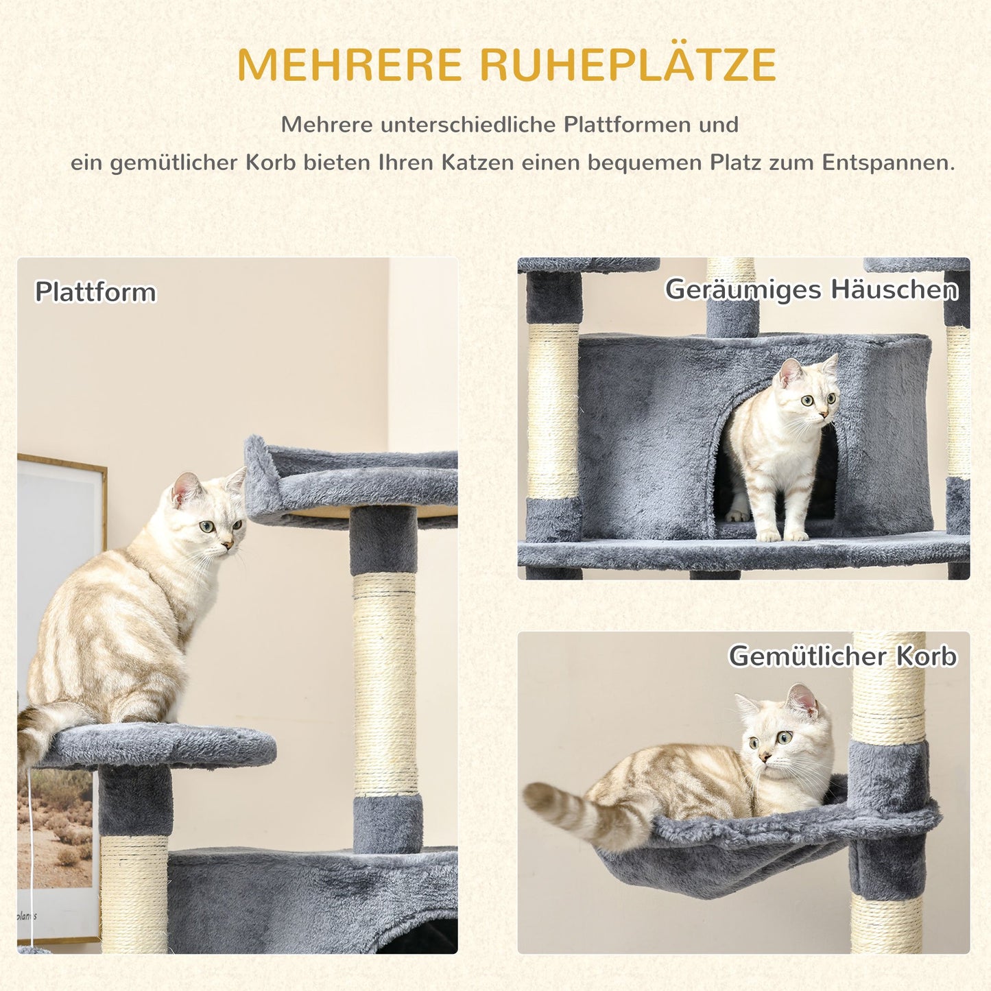 Krabpaal – Krabmeubel – Krabton – Kattenmeubel – Kattenklaar – Met 2 Hangmatten & Kattenholen – Stevig Sisal En Plush – Hoogte 200 cm
