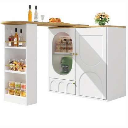 Modern White Metal 360° Rotating Bar Table with Storage - Heavy-Duty Commercial/Residential Use, 3-Door Cabinet with Removable Dividers, Space-Saving Design, Easy Assembly, 138x39x102cm, Ideal for Home Bars, Kitchens, Restau