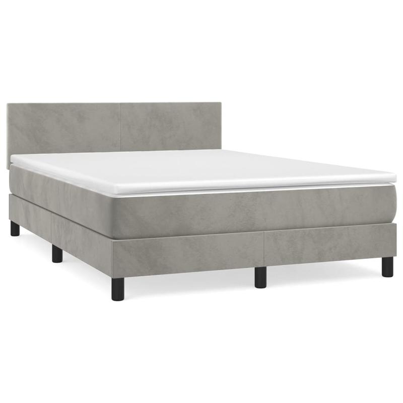 Modern Light Gray Queen Size Box Spring Bed with Mattress - Low-Profile Bed Frame, Fire-Resistant, Easy Assembly, Soft Fabric-like Upholstery & Sturdy System (140x190cm) for Single/Double Bed Compatibility
