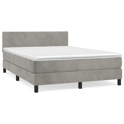 Modern Light Gray Queen Size Box Spring Bed with Mattress - Low-Profile Bed Frame, Fire-Resistant, Easy Assembly, Soft Fabric-like Upholstery & Sturdy System (140x190cm) for Single/Double Bed Compatibility