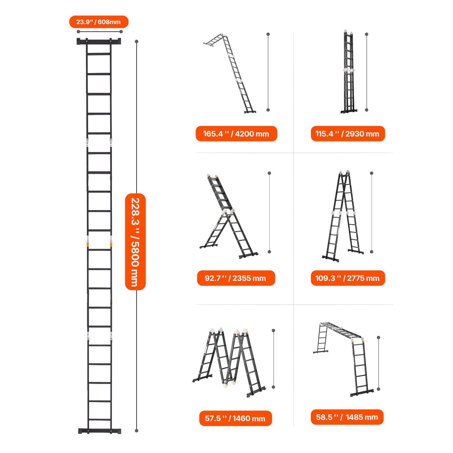 Multifunctionele Ladder – Opvouwbare Ladder – Verstelbare Ladder – Steiger Ladder – Huishoudladder – 7-in-1 Vormbaar – Aluminium Lichtgewicht 228 cm Hoog