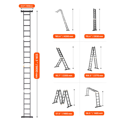 Multifunctionele Ladder – Opvouwbare Ladder – Verstelbare Ladder – Steiger Ladder – Huishoudladder – 7-in-1 Vormbaar – Aluminium Lichtgewicht 228 cm Hoog