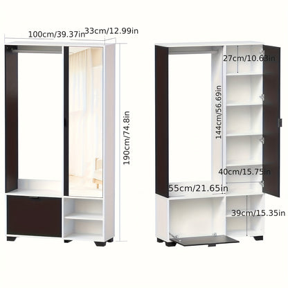 Witte Kledingkast – Garderobekast – Kapstok – Schoenenkast – Opbergkast – Inclusief Spiegel – Compact 100x33x190 cm – Met Kledingroede en Schoenlade