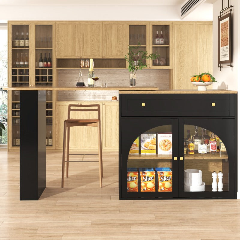 Uitschuifbare Bartafel – Hoge Tafel – Keukeneiland – Bistrotafel – Opberggedeelte – 138-204x39x104 cm – 360° Draaibaar – Modern Zwart Glas