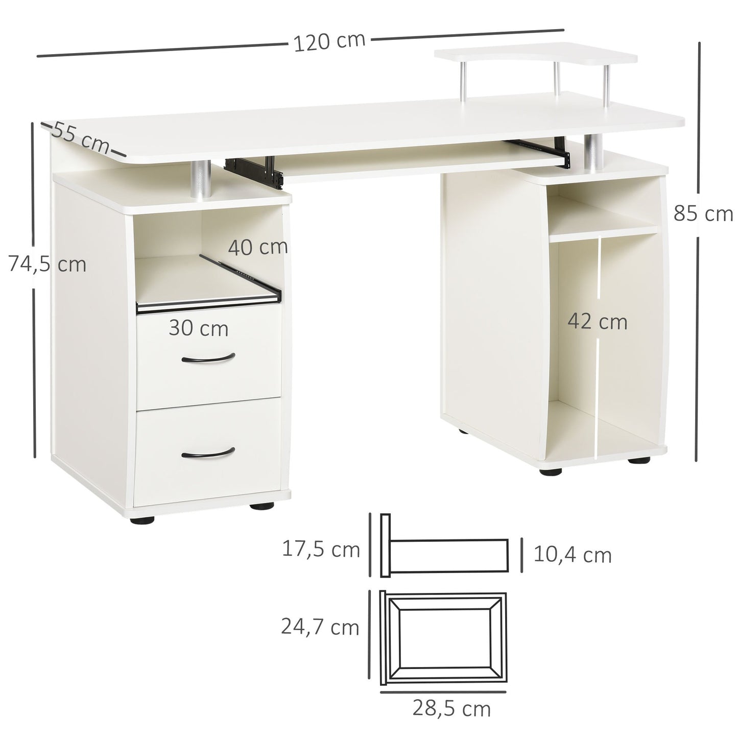 Computertafel – Computerbureau – Bureautafel – Werktafel – Bureau – Wit hout – Ergonomisch ontwerp – Ruime opbergruimte – 120x55x85 cm