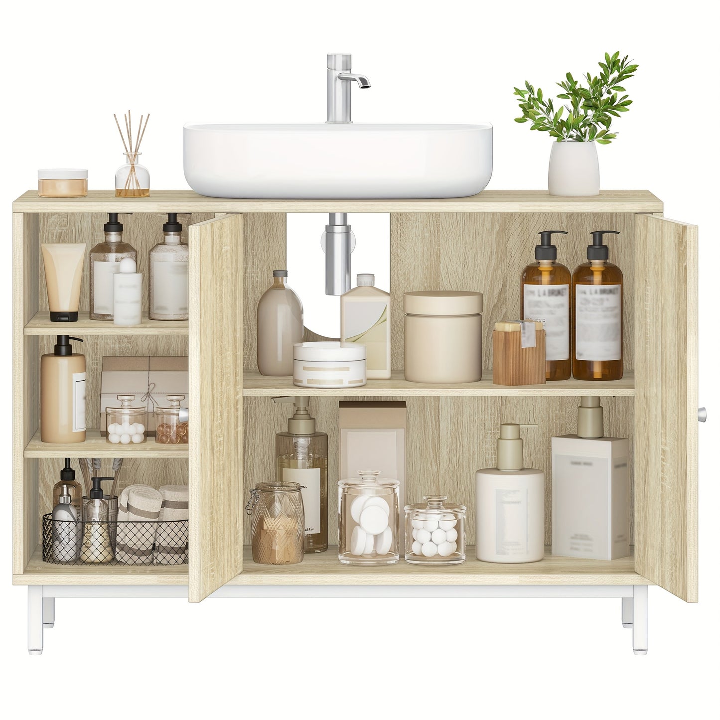 Badkamermeubel – Badkamerkast – Onderkast – Wastafelmeubel – Toiletmeubel – Licht Eiken – 2 Deuren Met Verstelbare Planken – Vochtbestendig P2 MDF Met Metalen Poten