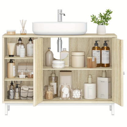 Badkamermeubel – Badkamerkast – Onderkast – Wastafelmeubel – Toiletmeubel – Licht Eiken – 2 Deuren Met Verstelbare Planken – Vochtbestendig P2 MDF Met Metalen Poten