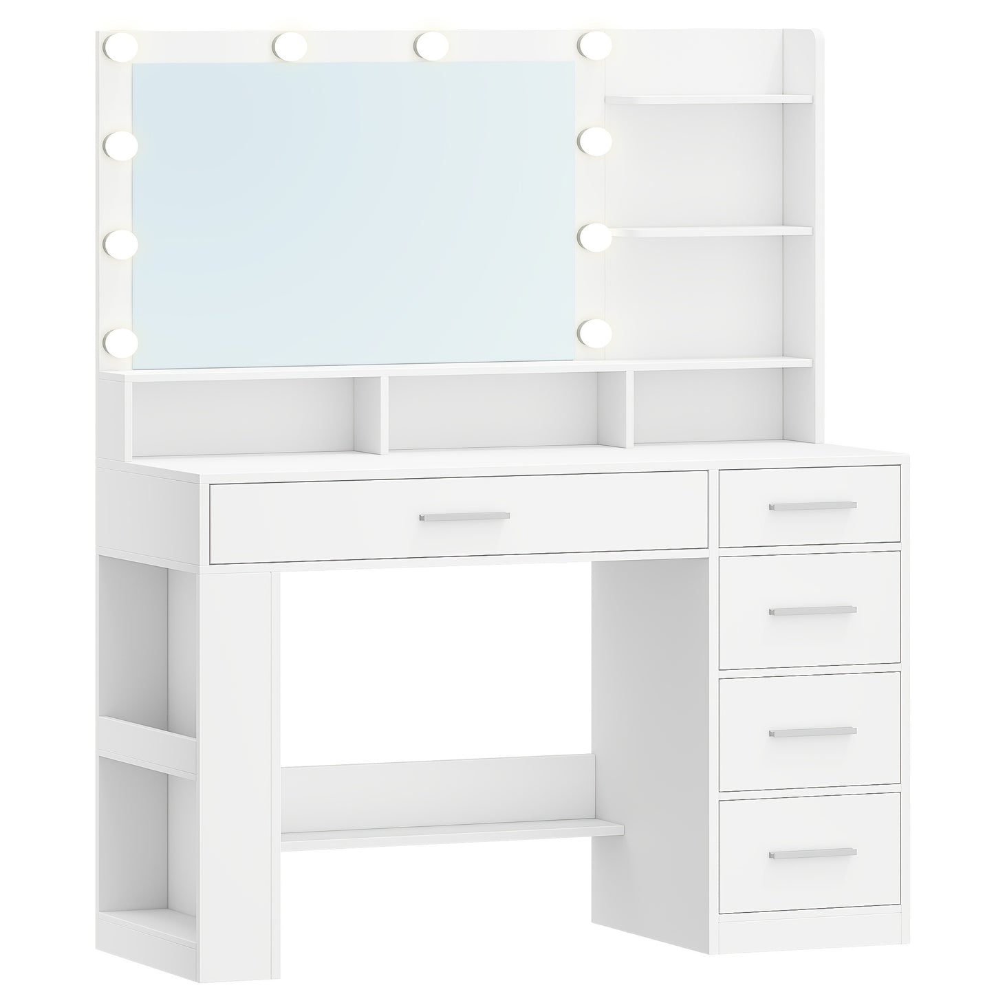 Dressing Table with Large HD Mirror, Dressing Table with LED Light, Dressing Table with 6 Open Compartments, 5 Drawers And Side Open Storage, Bedroom Room, Simple, White, Dressing Mirror with Storage, Dressing Mirror with LED
