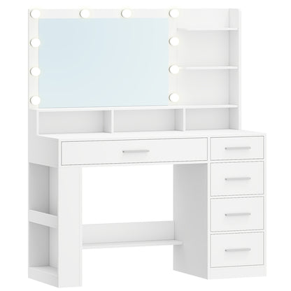 Dressing Table with Large HD Mirror, Dressing Table with LED Light, Dressing Table with 6 Open Compartments, 5 Drawers And Side Open Storage, Bedroom Room, Simple, White, Dressing Mirror with Storage, Dressing Mirror with LED