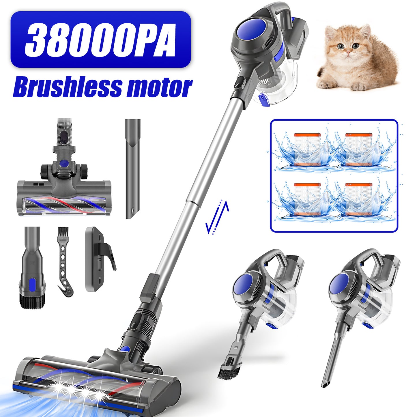 Wireless Vacuum Cleaner, 38000Pa Suction Power – 50 Minutes Runtime – 5-in-1 HEPA Filter System – 1.6L Large Dustbin – Pet-Friendly Anti-Tangle Brush – Suitable for Floors, Carpets, and Cars