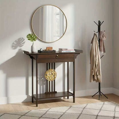 Retro Farmhouse Sidetable – Houten Dressoir – Halmeubel – Sofa Tafel – Nachtkastje – Donkerbruin – Massief Hout – Lade en Plank – 119,89x39,88x76,96 cm – Gouden Knoppen – Eenvoudige Montage