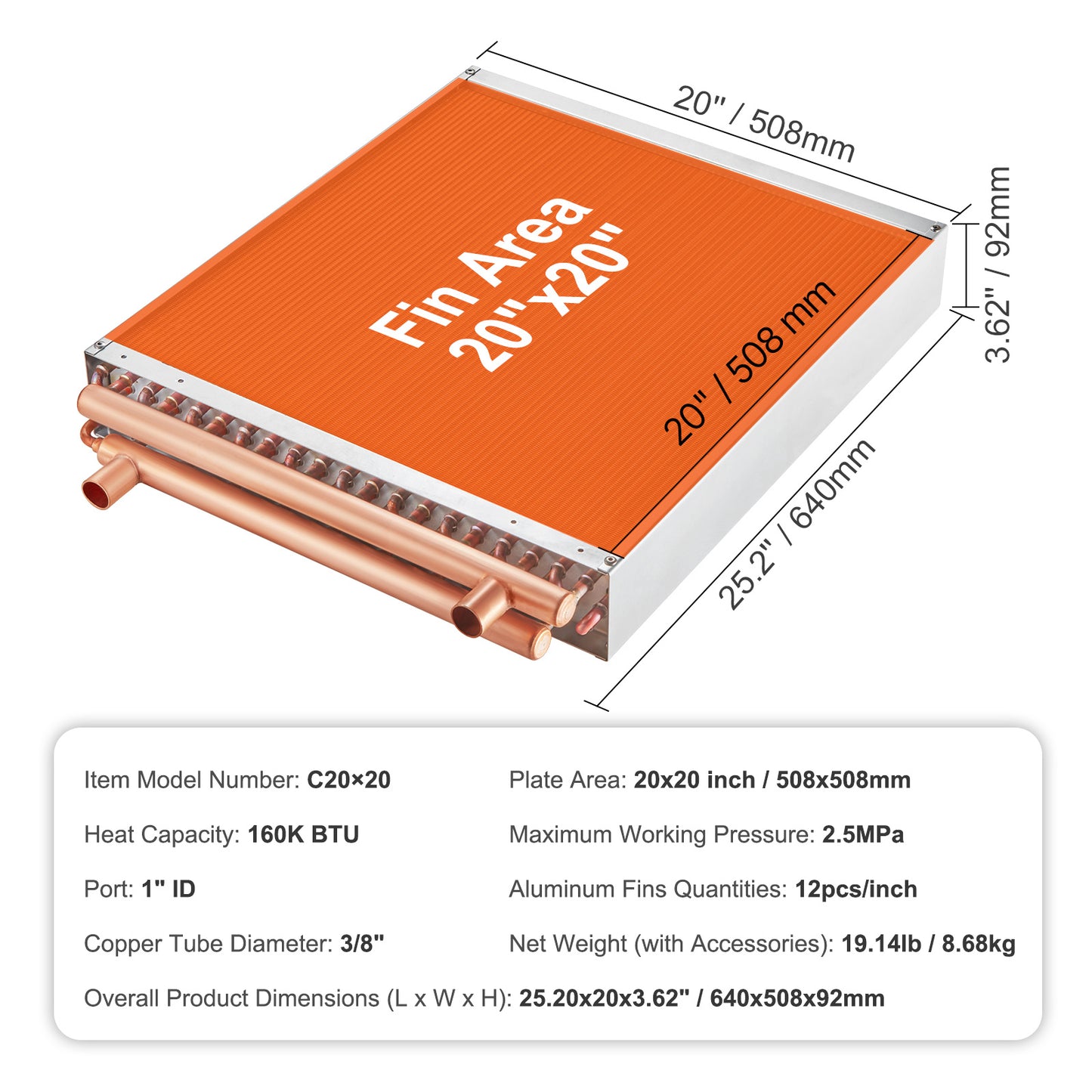 Warmtewisselaar – Warmteoverdrager – Warmtewisselaar water-lucht – HVAC warmtewisselaar – Koper-aluminium warmtewisselaar – 20"x20" formaat – Duurzaam koperen soldeerwerk – Corrosiebestendige epoxy vinnen