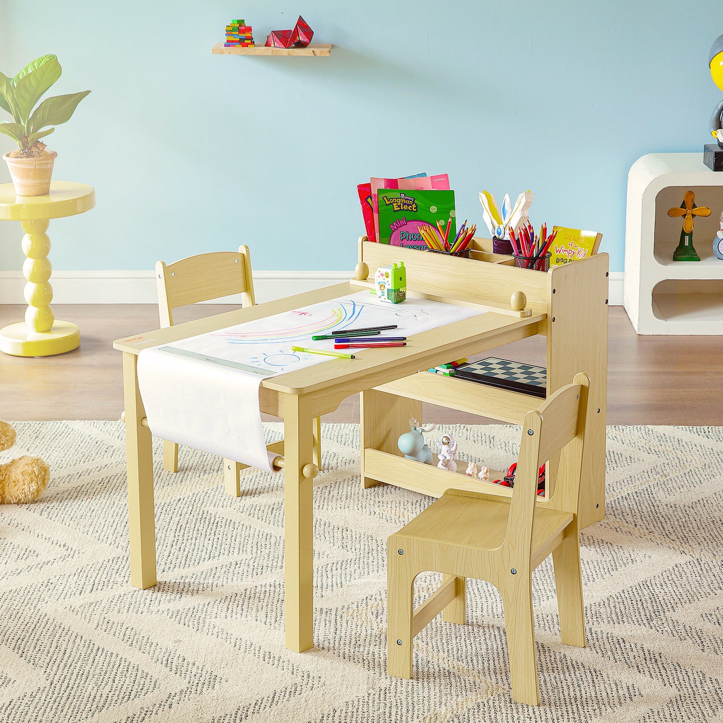 Kinderkunsttafel – Kindertafel – Speeltafel – Knutseltafel – Tafel met 2 Stoelen en Opbergkast – Geschikt voor 2-8 Jaar – Hittebestendig MDF