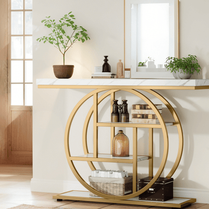 Sofa Tafel – Sidetable – Console Tafel – Haltafel – Meubelstuk – Wit & Gouden Design – 41,3 Inch Met Onderplank – Stevig Gelamineerd Hout
