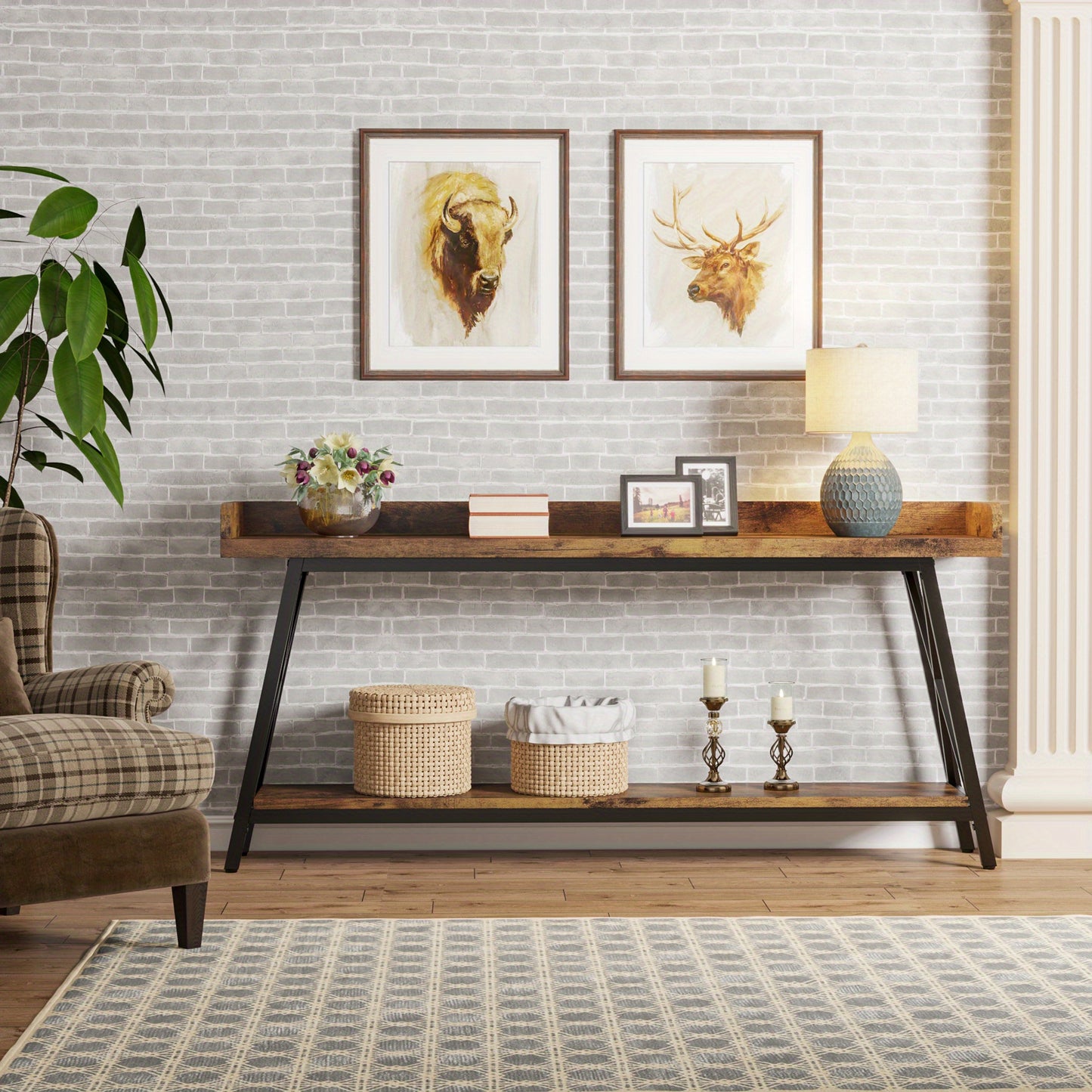 Rustieke Industrieel Sofa Console Tafel – Sidetable – Haltafel – Bartafel – Wandtafel – Bruin/Zwart – 180 cm Lang – Met Opbergruimte En Verstelbare Poten