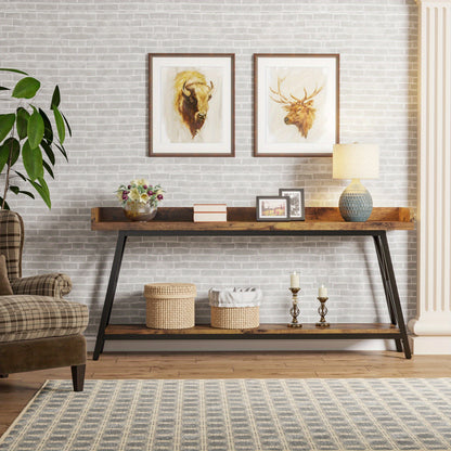Rustieke Industrieel Sofa Console Tafel – Sidetable – Haltafel – Bartafel – Wandtafel – Bruin/Zwart – 180 cm Lang – Met Opbergruimte En Verstelbare Poten