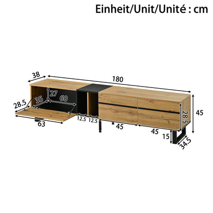 Modern TV Base Unit 180cm, featuring a lift-up storage compartment, open shelving and double doors. This minimalist TV cabinet serves as a versatile storage solution for dining, television and living room use, offering ample