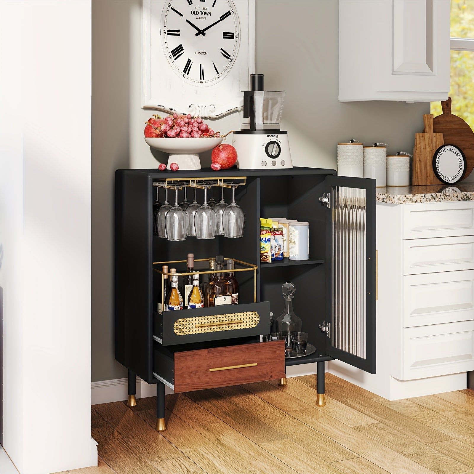 Wijnkastje – Wijnrek – Wijnmeubel – Glazenhouder – Opbergkast – Zwart – Compact Ontwerp – Hoogwaardig Hout - QUORE