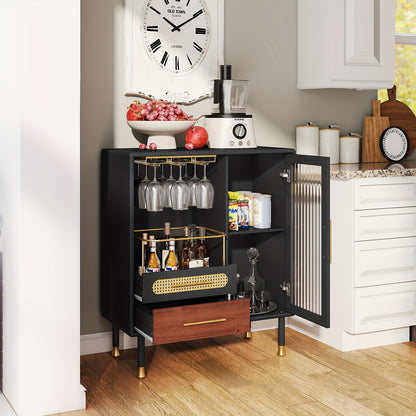 Wijnkastje – Wijnrek – Wijnmeubel – Glazenhouder – Opbergkast – Zwart – Compact Ontwerp – Hoogwaardig Hout - QUORE