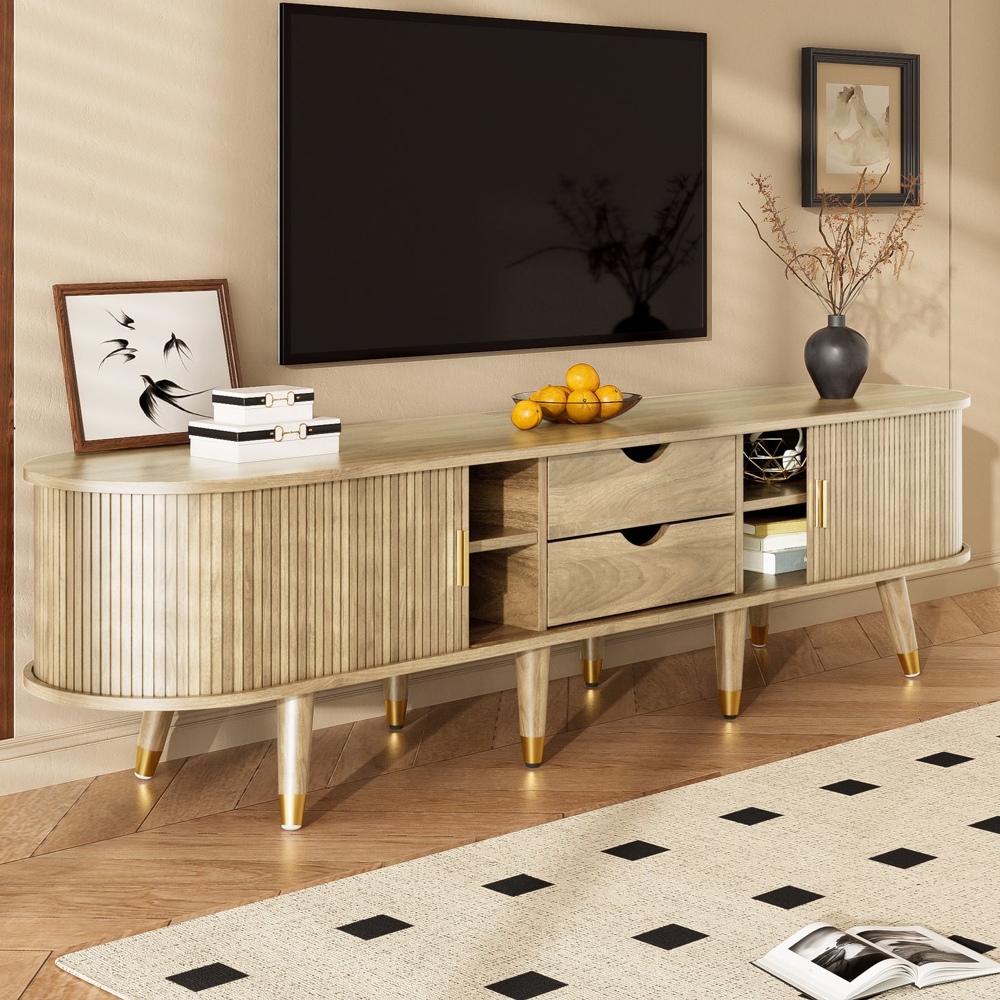 TV-Meubel – TV-Kast – TV-Standaard – Media-Meubel – TV-Dressoir – Rieten Schuifdeur – 175 CM Breed – Mdf Materialen