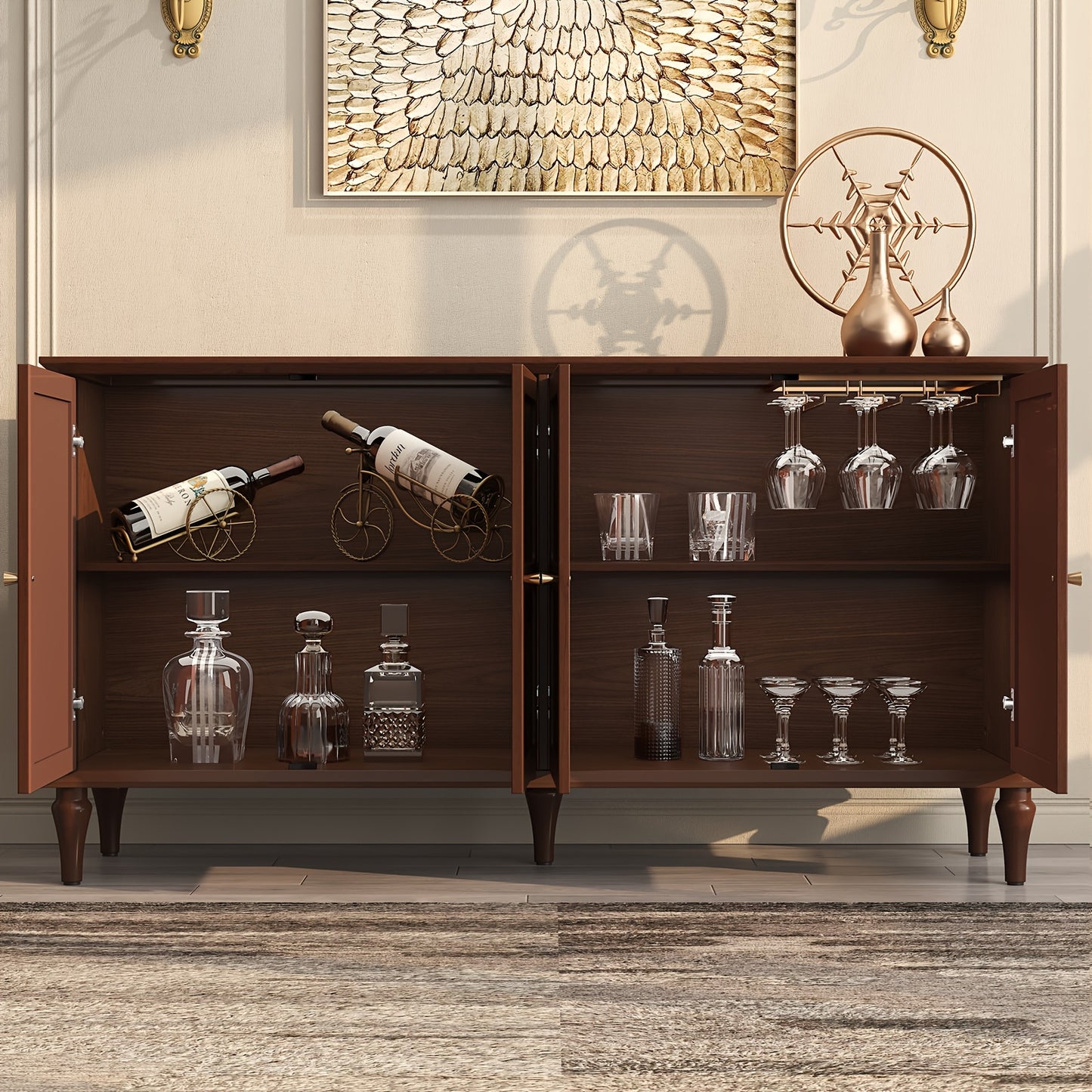 Dressoir – Sideboard – Buffetkast – Opbergkast – Kast – Mid-Century Modern – 4 Deuren & Wijnrek – Hoogwaardig Houtvezelplaat – Vrijstaand & Ruime Opbergruimte 3,2+ Kubieke Voet