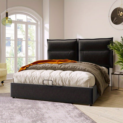 Hydraulisch Bed – Opbergbed – Platformbed – Stalen Bedframe – Verstelbaar Hoofdbord – Fluwelen Bekleding – Zwart Metalen Frame – Vooraf Gemonteerd – Groot Onderbed
