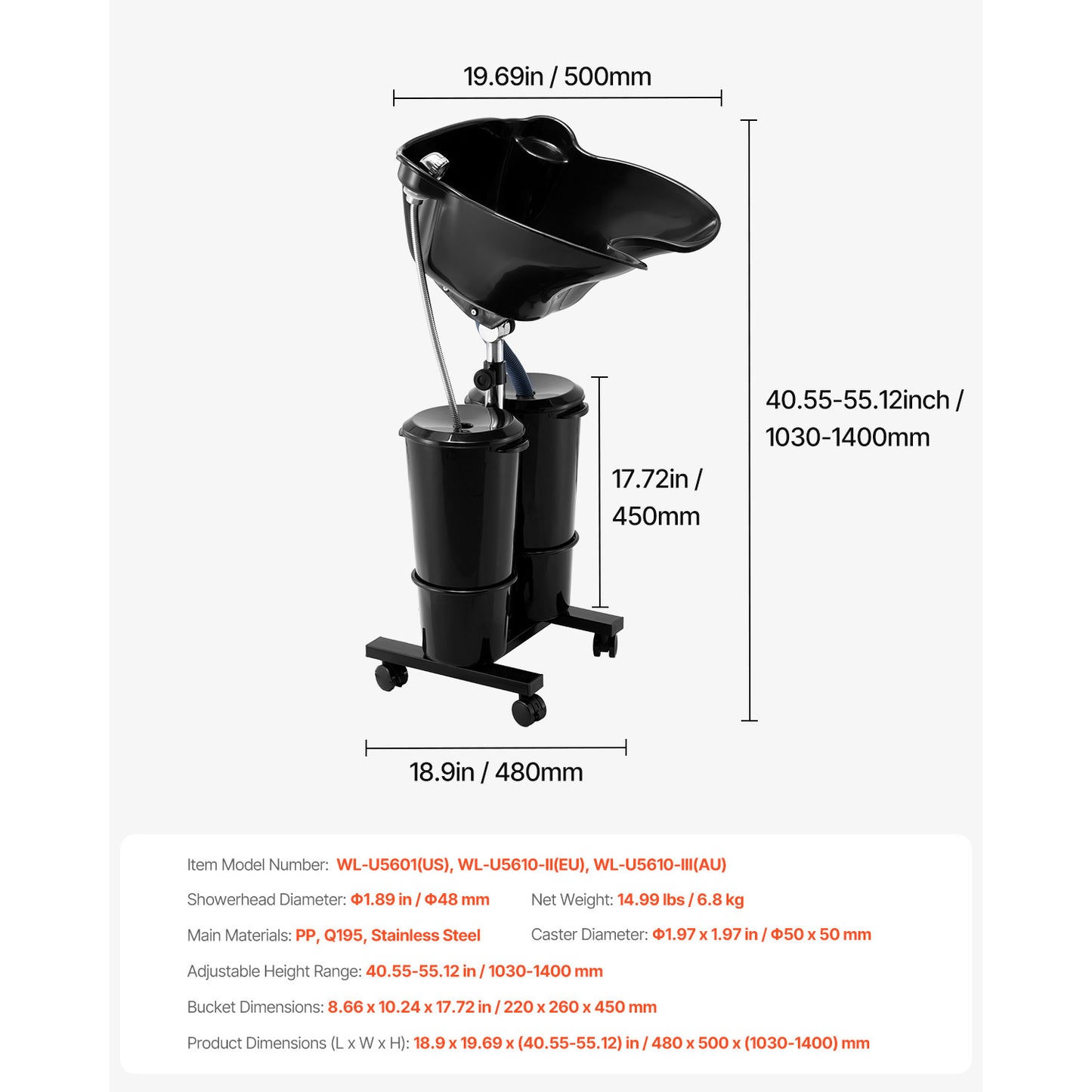 Shampooemmer – Wasbak – Huishoudemmer – Schoonmaakemmer – Klusemmer – Verstelbare Hoogte 103-140 cm – Dubbele Emmers Met Afvoerslang