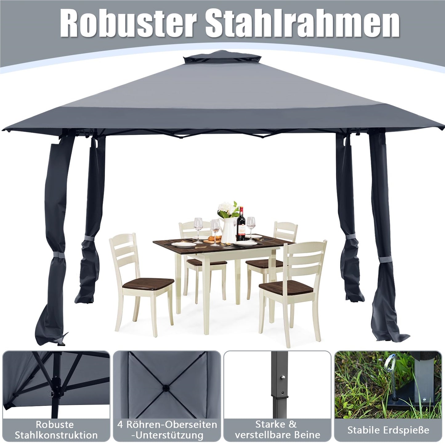 Tuinpaviljoen – Tuinprieel – Partytent – Pergola – Gazebo – 4x4 meter – Waterafstotend & UV-bescherming 50+ – Inclusief 4 muggennetten en draagtas met wieltjes