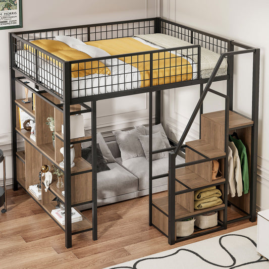 Bed – Bedframe – Bedden – Slaapbed – Stapelbed – Zwart – Metalen Frame – Opbergruimte – Trap – 140 x 200 cm
