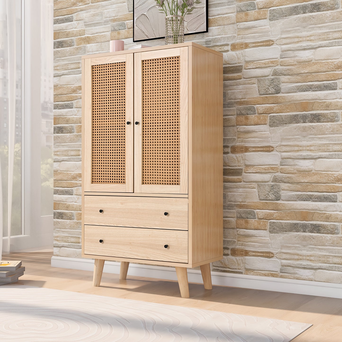 Bamboe Kast – Opbergkast – Ladekast – Opbergmeubel – Dressoir – Verticale Kast Met 2 Deuren En 3 Laden – Duurzaam Natuurlijk Bamboe – Compact 68 Cm Hoog