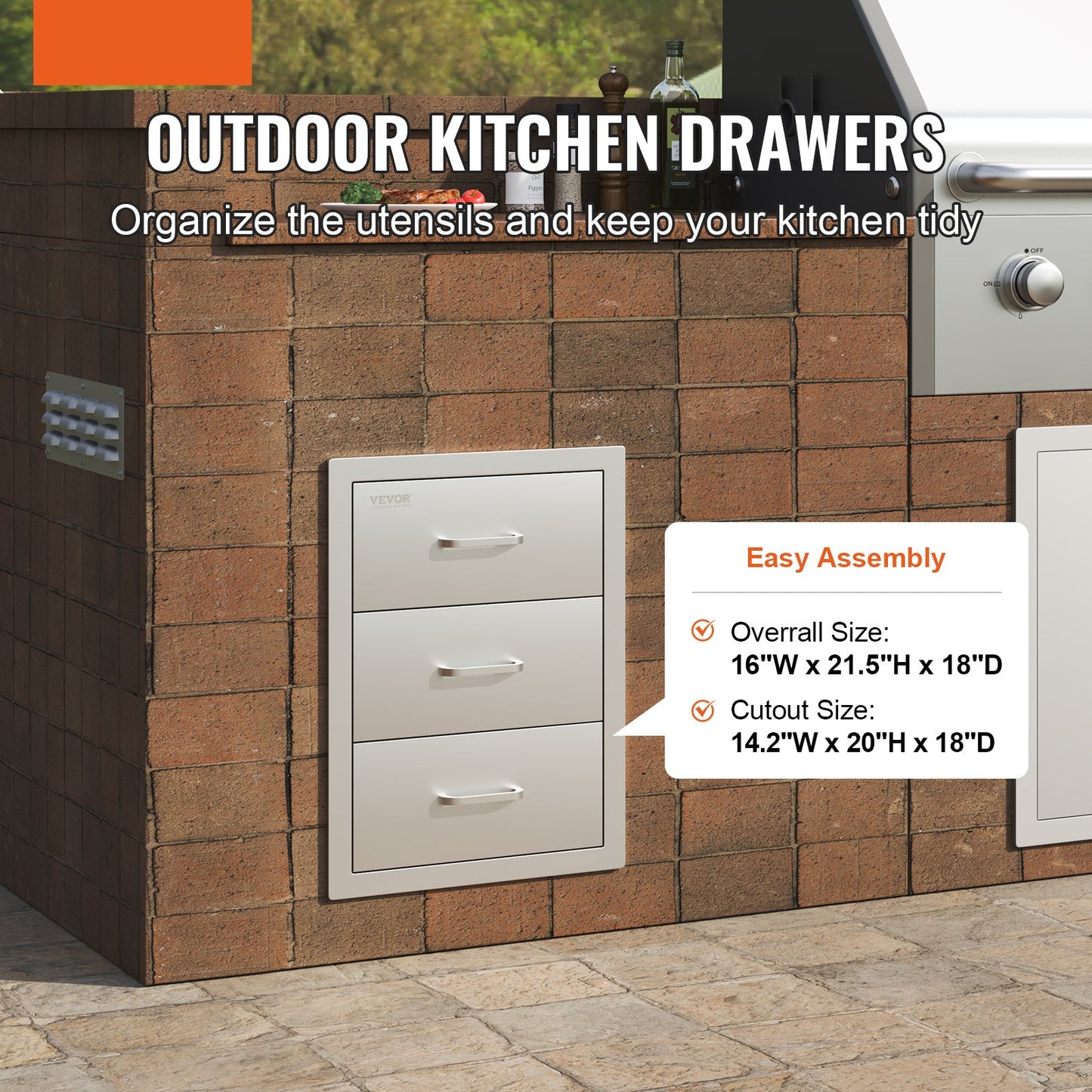 Buitenlade – BBQ Lade – Opberglade – Schuiflade – 3-laags RVS Keukenkastlade – Weerbestendig RVS – Ruime Afmetingen 41x54,5x46 cm