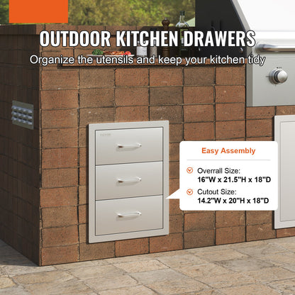 Buitenlade – BBQ Lade – Opberglade – Schuiflade – 3-laags RVS Keukenkastlade – Weerbestendig RVS – Ruime Afmetingen 41x54,5x46 cm