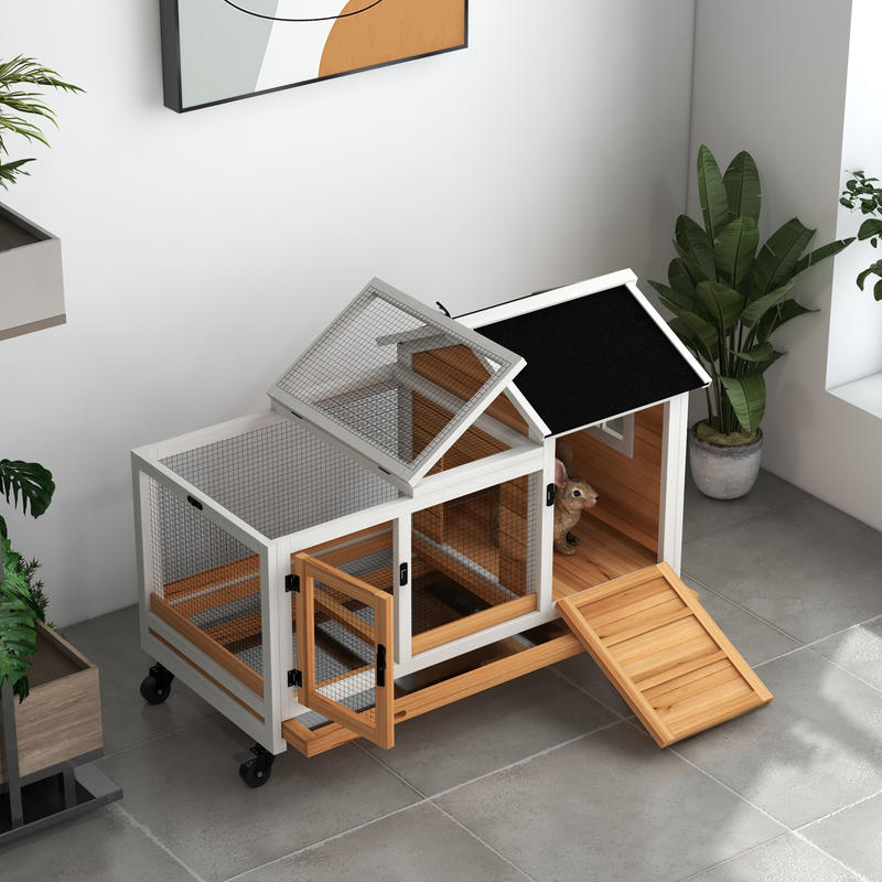 Large Front Door & Ramp Access Small Animal Hutch with Wheels - Heavy-Duty Mobile Pet Cage for Dwarf Rabbits, Guinea Pigs, Hamsters, Chinchillas - Spacious 106.93cmL x 58.42cmW x 73.91cmH Habitat with Ramp, Ventilation Mesh &