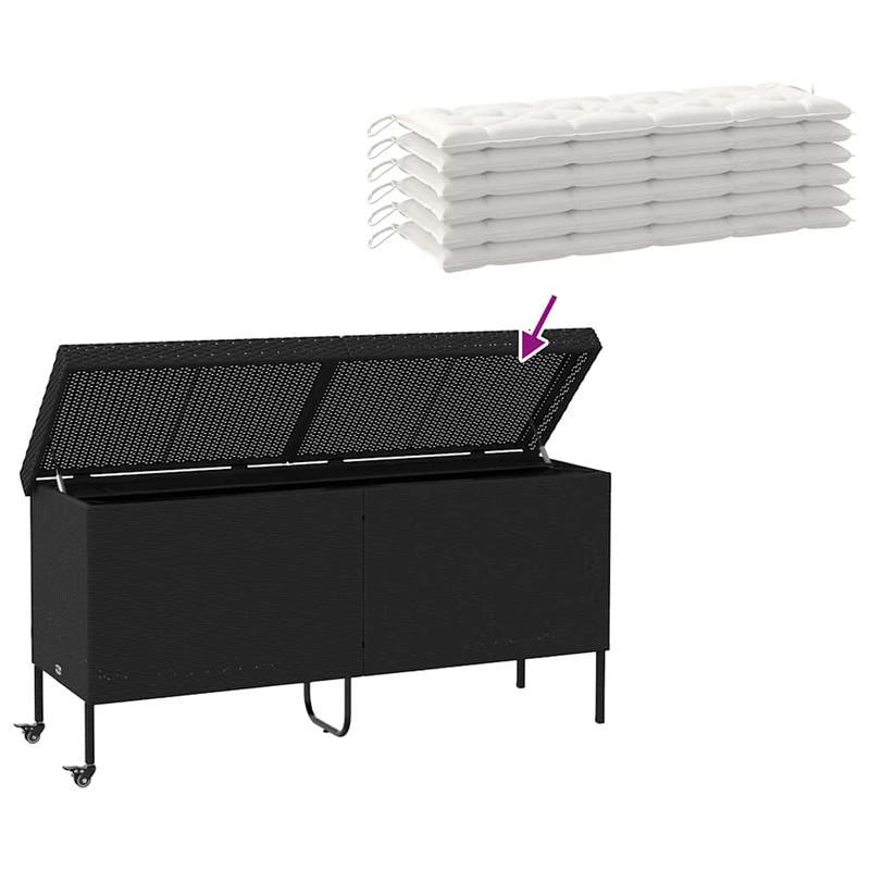 Opbergbox Tuin – Tuinkist – Kussenbox – Tuinopslag – Berging – Met Wielen – 160x55x75 cm – Zwart Poly Rattan – Weerbestendig – Duurzaam