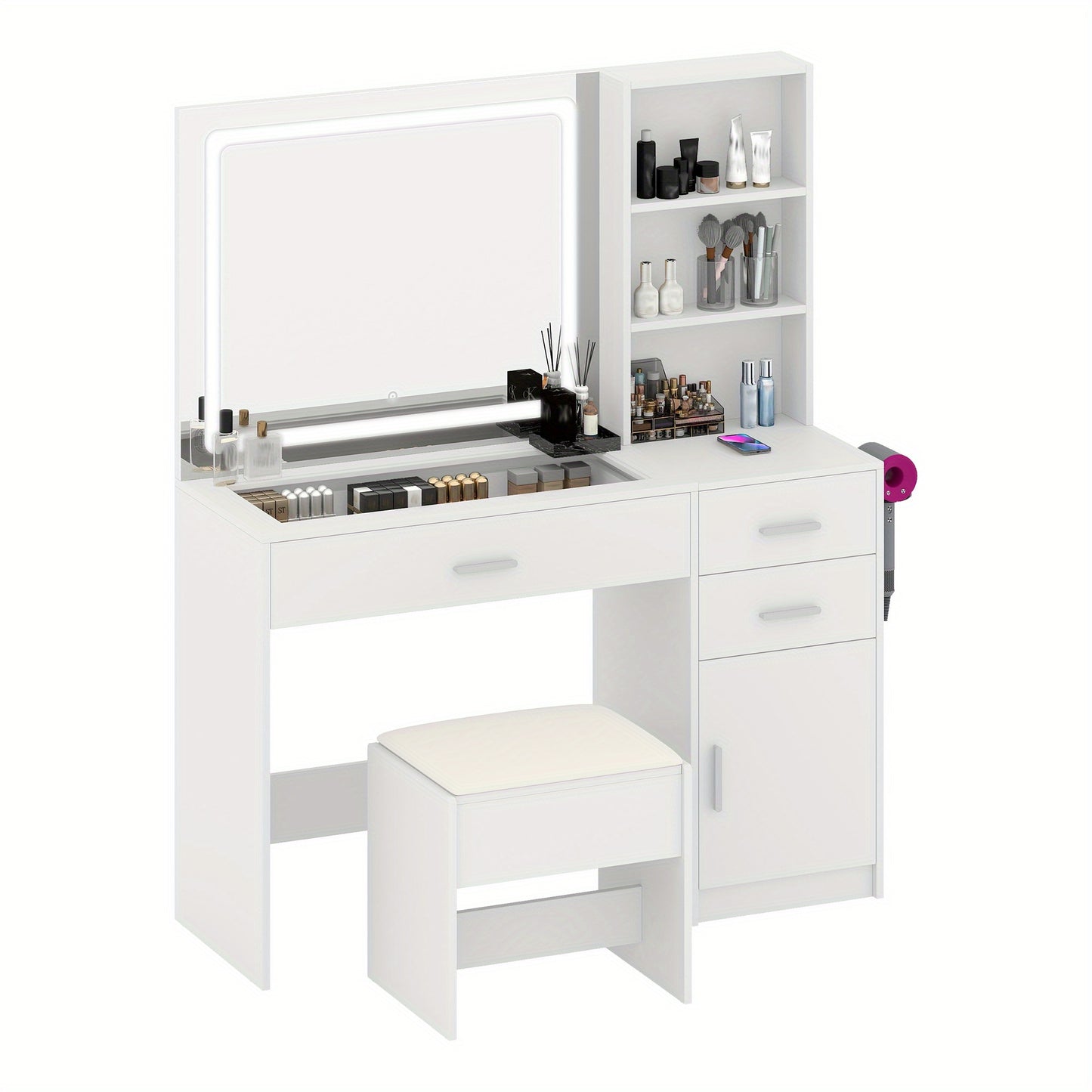Kaptafel – Make-up Tafel – Cosmeticatafel – Opmaktafel – Meubel – LED Spiegel – 4 Lades – Ingebouwd Stopcontact – Wit – Moderne Stijl