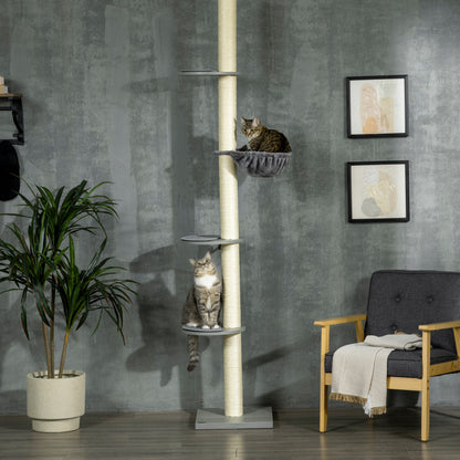 Krabpaal – Kattenkrabpaal – Kattenboom – Krabmeubel – Kattentoren – Verstelbaar tot 250 cm – Stevige Houten Basis – Hangmat – Sisal Kraboppervlakken – Grijs