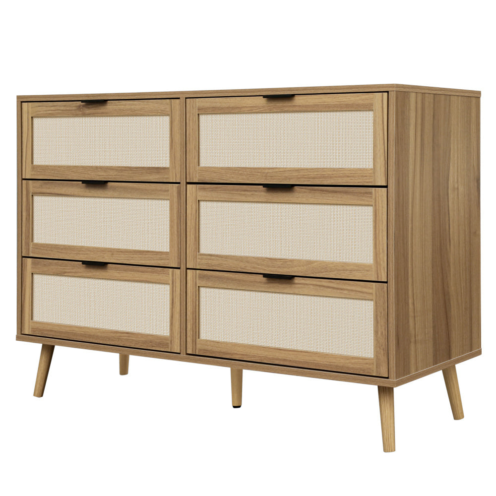 Ladekast – Ladenkast – Commode – Opbergkast – Dressoir – Walnootkleur – Rattan Ladefronten – 6 Lades – Stevige Dennenhouten Poten – 118,5 cm Breed